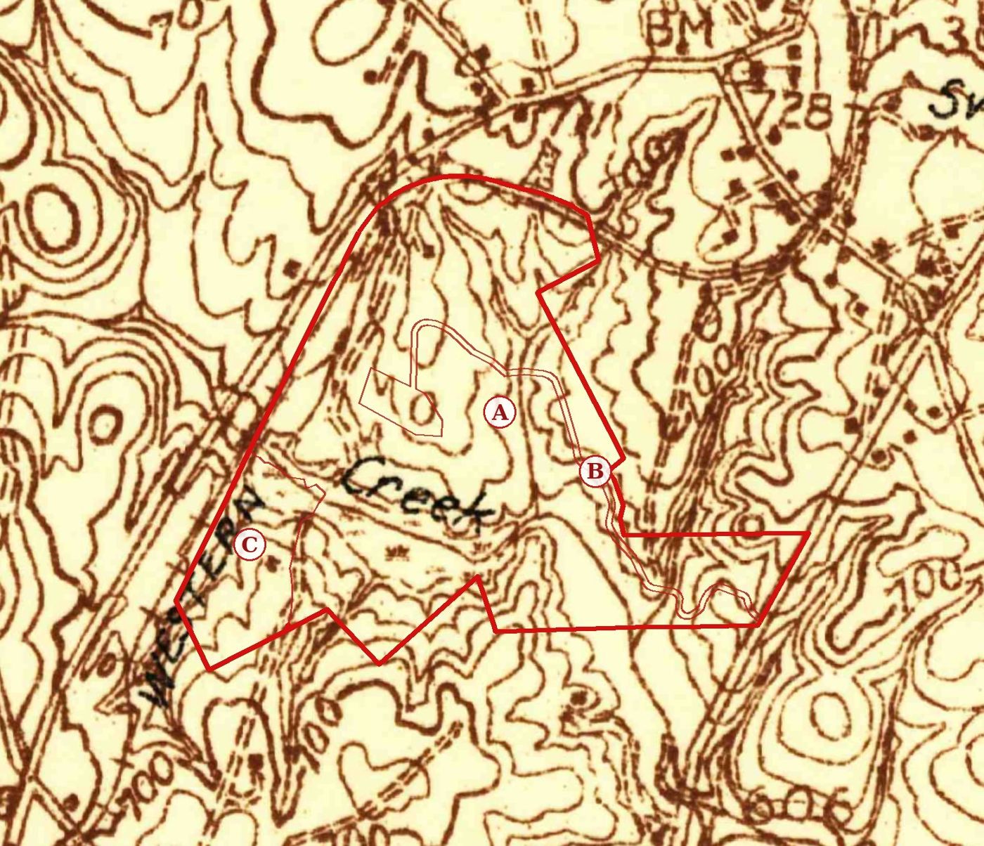 A 260 acre property outlined in red on the 1935 USGS Greer, South Carolina map